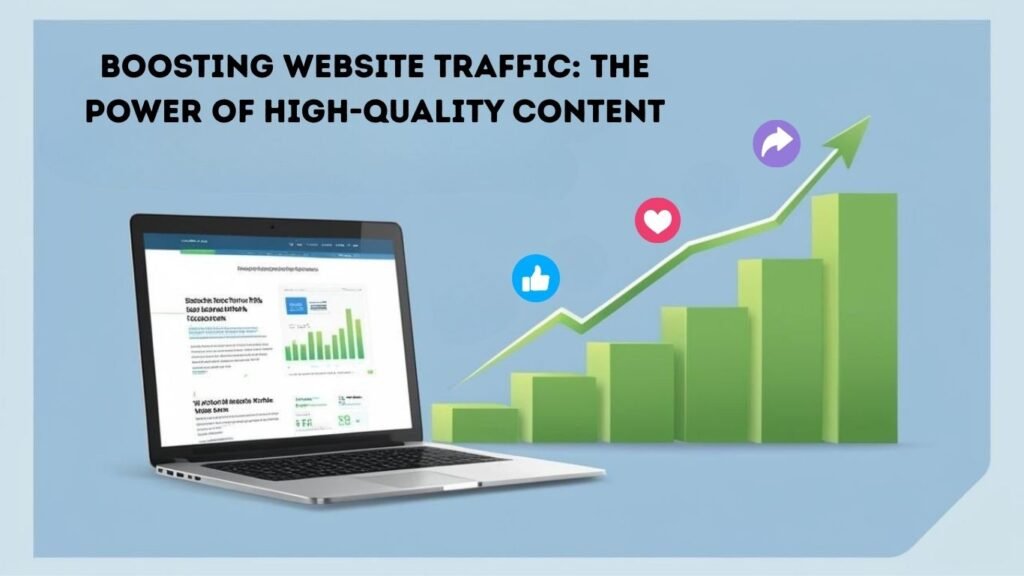 Illustration showing a laptop with website analytics, green bar graph rising upward, and social media icons, representing how high-quality content boosts website traffic